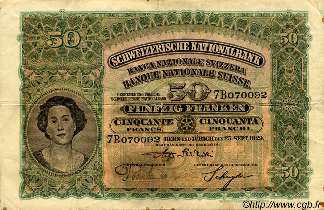 50 Francs SUISSE  1929 P.34d fSS