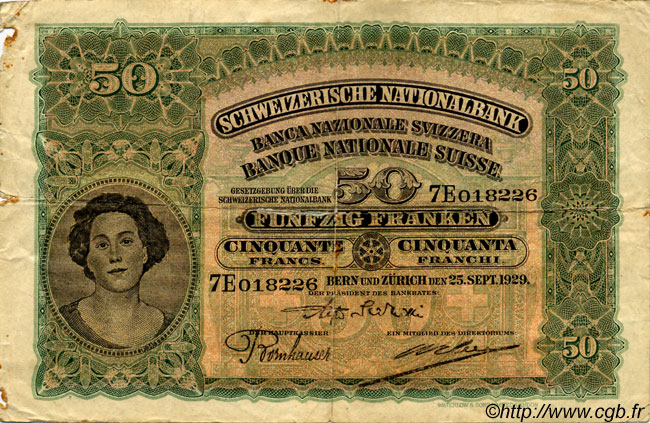 50 Francs SWITZERLAND  1929 P.34d F+