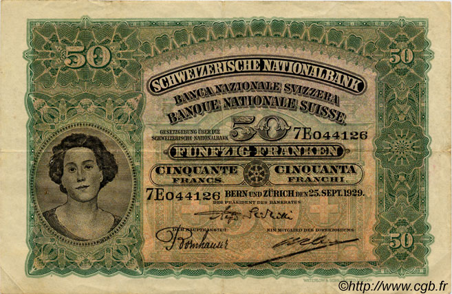 50 Francs SWITZERLAND  1929 P.34d VF