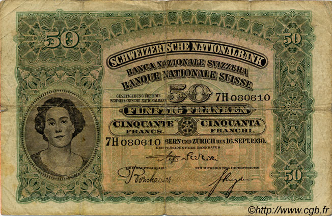50 Francs SUISSE  1930 P.34e q.MB