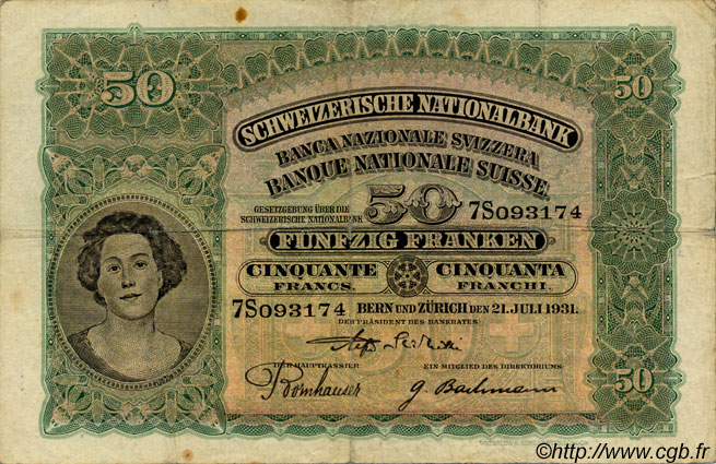 50 Francs SWITZERLAND  1931 P.34f F - VF