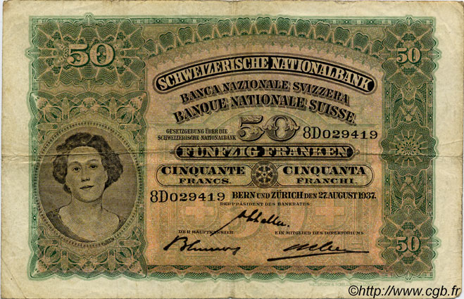 50 Francs SUISSE  1937 P.34g q.BB