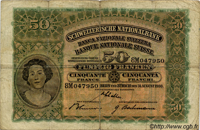 50 Francs SWITZERLAND  1938 P.34h F