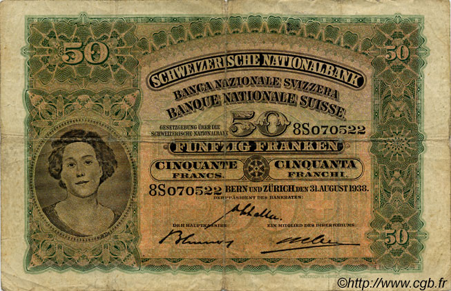 50 Francs SUISSE  1938 P.34h F