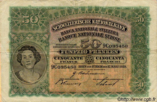 50 Francs SUISSE  1939 P.34i q.BB