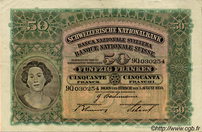 50 Francs SUISSE  1939 P.34j VF+