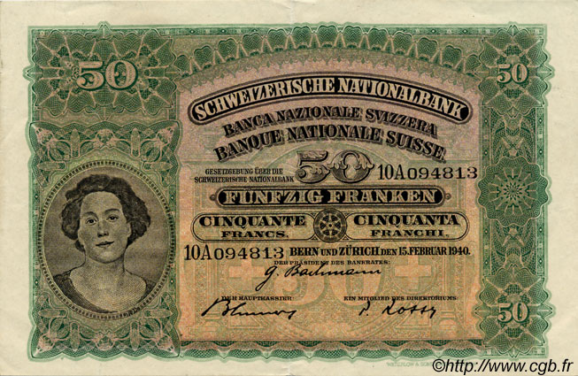50 Francs SWITZERLAND  1939 P.34k VF - XF