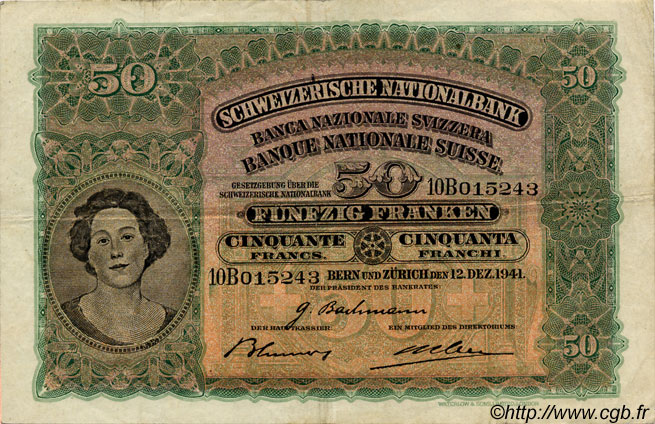 50 Francs SWITZERLAND  1941 P.34l VF