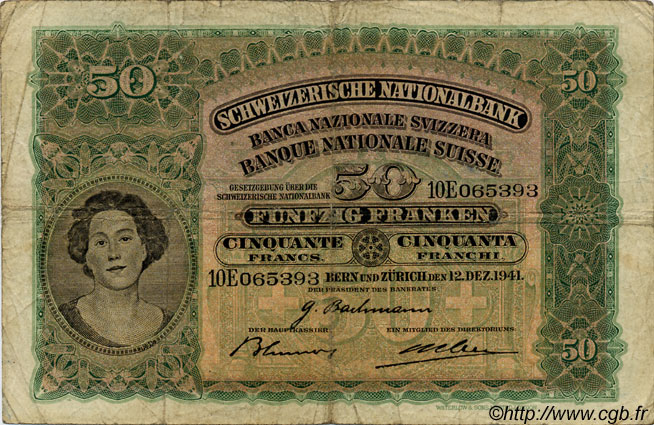 50 Francs SWITZERLAND  1941 P.34l VG