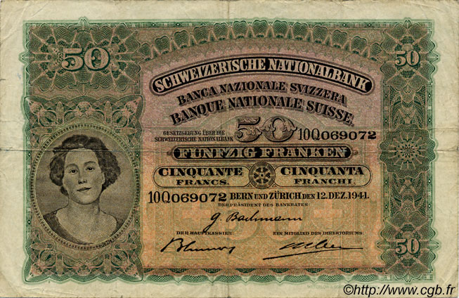 50 Francs SUISSE  1941 P.34l F+
