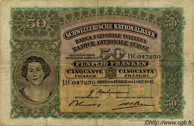 50 Francs SWITZERLAND  1942 P.34m F