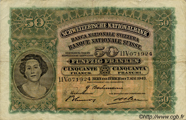 50 Francs SWITZERLAND  1943 P.34n VF