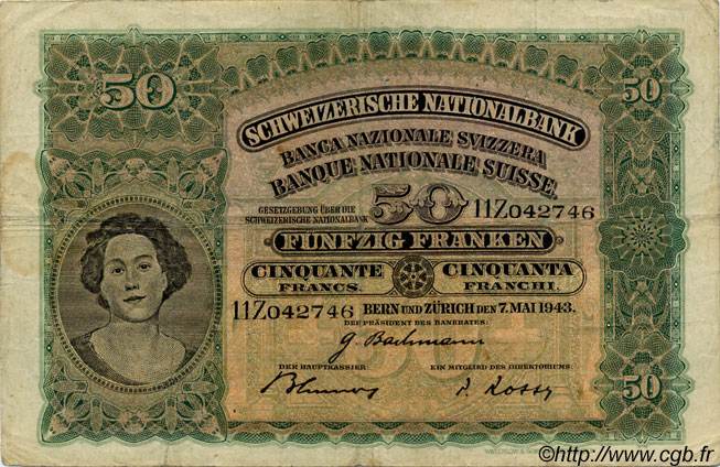50 Francs SWITZERLAND  1943 P.34n F+