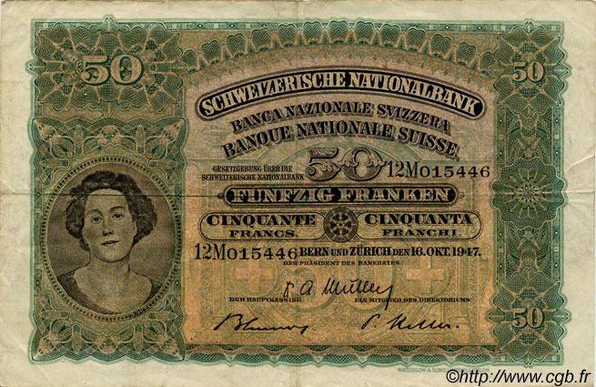 50 Francs SWITZERLAND  1947 P.34o VF-