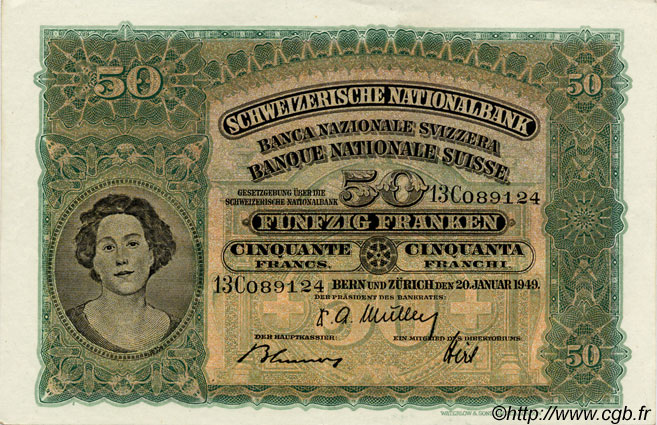 50 Francs SUISSE  1949 P.34p fST