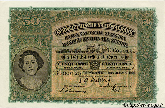 50 Francs SUISSE  1949 P.34p q.AU