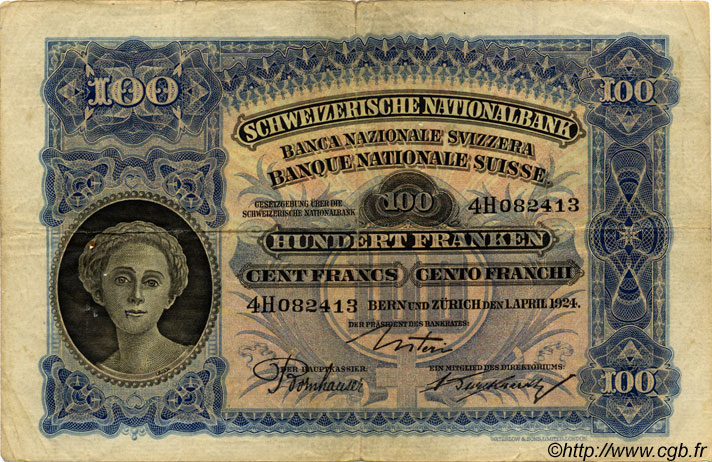 100 Francs SUISSE  1924 P.35a F+