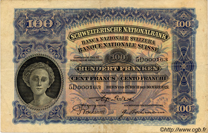100 Francs SWITZERLAND  1927 P.35c VF