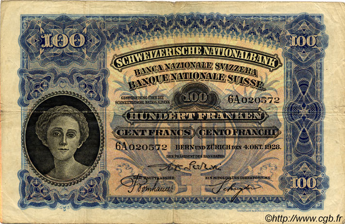 100 Francs SWITZERLAND  1928 P.35e F