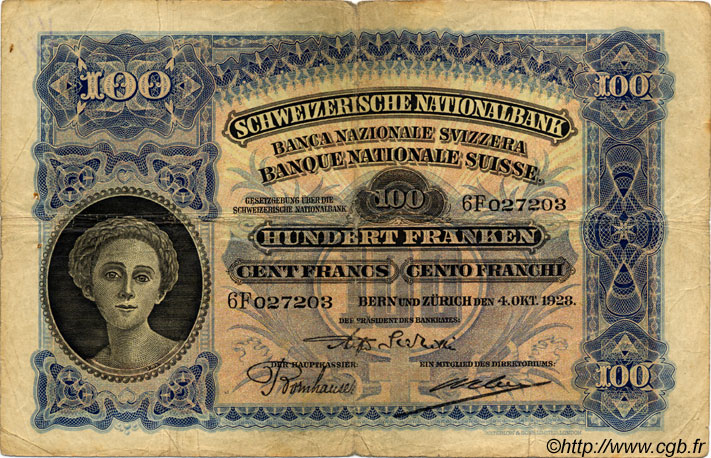 100 Francs SUISSE  1928 P.35e VG