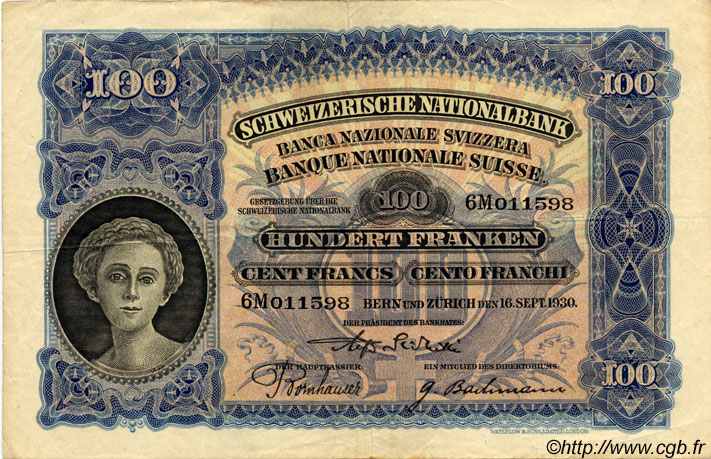 100 Francs SUISSE  1930 P.35f VF
