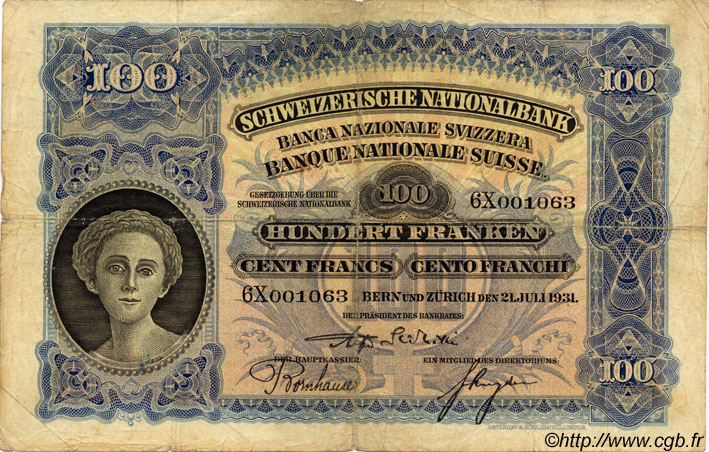 100 Francs SWITZERLAND  1931 P.35g VG