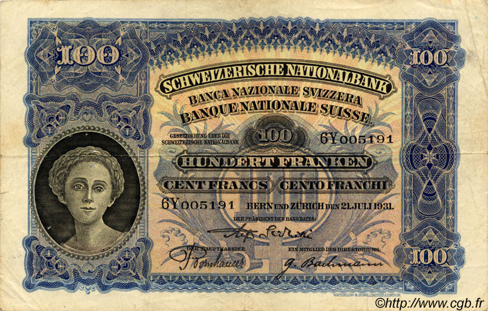 100 Francs SWITZERLAND  1931 P.35g VF-