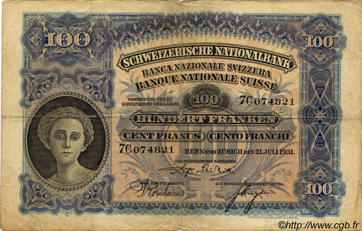 100 Francs SUISSE  1931 P.35g MB
