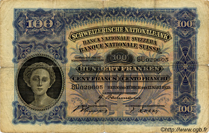 100 Francs SWITZERLAND  1939 P.35k F-