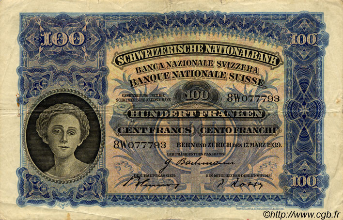 100 Francs SWITZERLAND  1939 P.35k VF