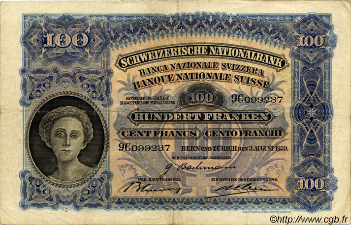 100 Francs SUISSE  1939 P.35l SS