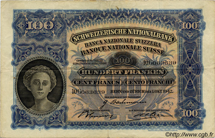 100 Francs SWITZERLAND  1942 P.35n VF