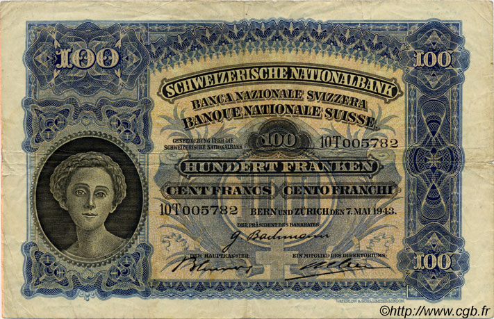 100 Francs SWITZERLAND  1943 P.35o VF-