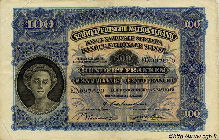 100 Francs SWITZERLAND  1943 P.35o VF