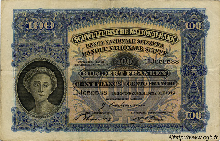 100 Francs SWITZERLAND  1943 P.35p VF
