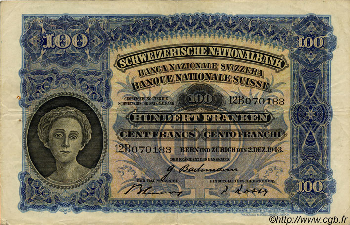 100 Francs SWITZERLAND  1943 P.35q VF