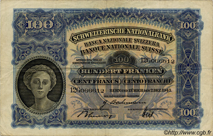 100 Francs SUISSE  1943 P.35q MBC