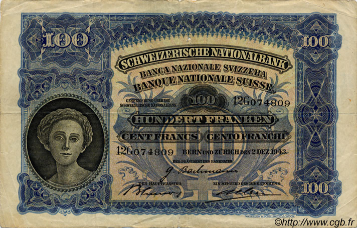 100 Francs SUISSE  1943 P.35q fSS