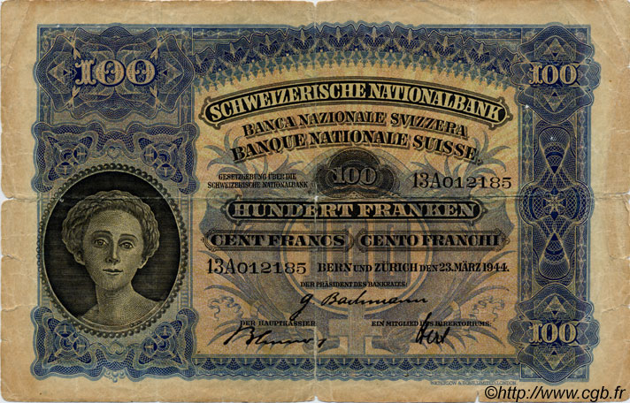 100 Francs SUISSE  1944 P.35r RC