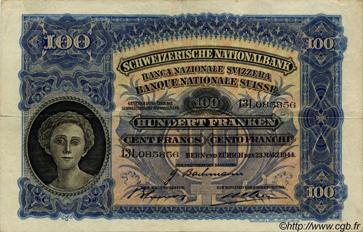 100 Francs SUISSE  1944 P.35r SS