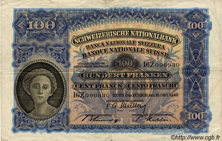 100 Francs SUISSE  1947 P.35u BC+
