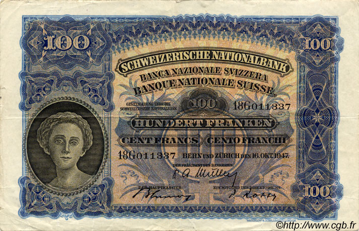 100 Francs SUISSE  1947 P.35u BB