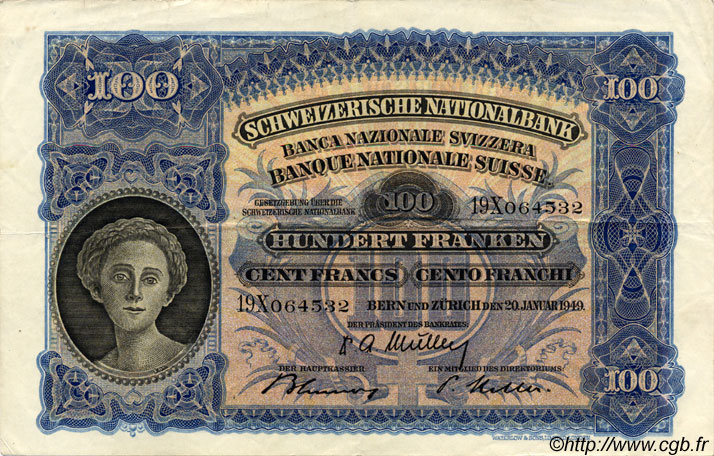 100 Francs SUISSE  1949 P.35v VF+