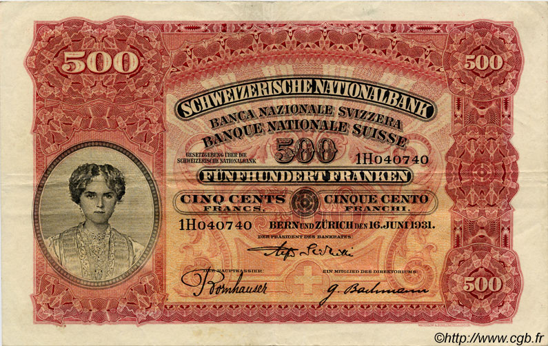 500 Francs SUISSE  1931 P.36b VF+