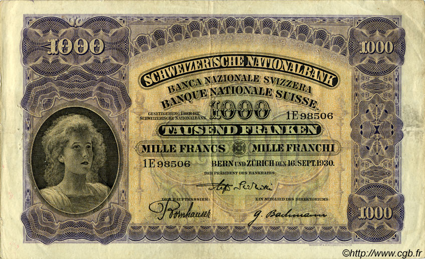 1000 Francs SUISSE  1930 P.37b VF-