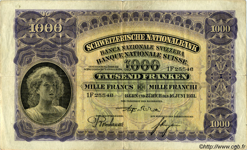 1000 Francs SWITZERLAND  1931 P.37c F+