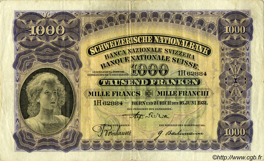 1000 Francs SWITZERLAND  1931 P.37c F+