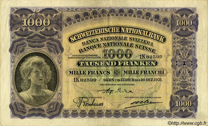 1000 Francs SUISSE  1931 P.37d BC+