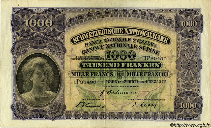 1000 Francs SWITZERLAND  1942 P.37f VF