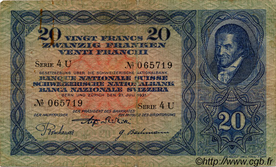 20 Francs SWITZERLAND  1931 P.39c F